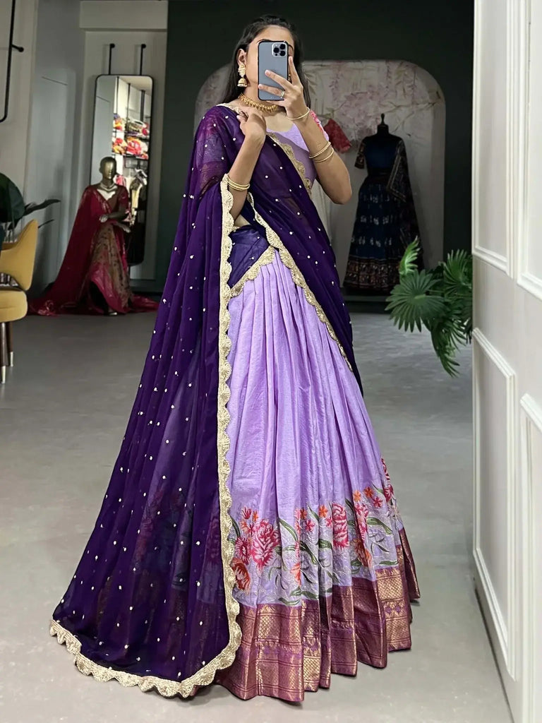 Stunning Lavender Thread Embroidered Cotton Half Saree Lehenga - Ethnic Plus In