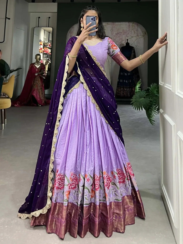 Stunning Lavender Thread Embroidered Cotton Half Saree Lehenga - Ethnic Plus In