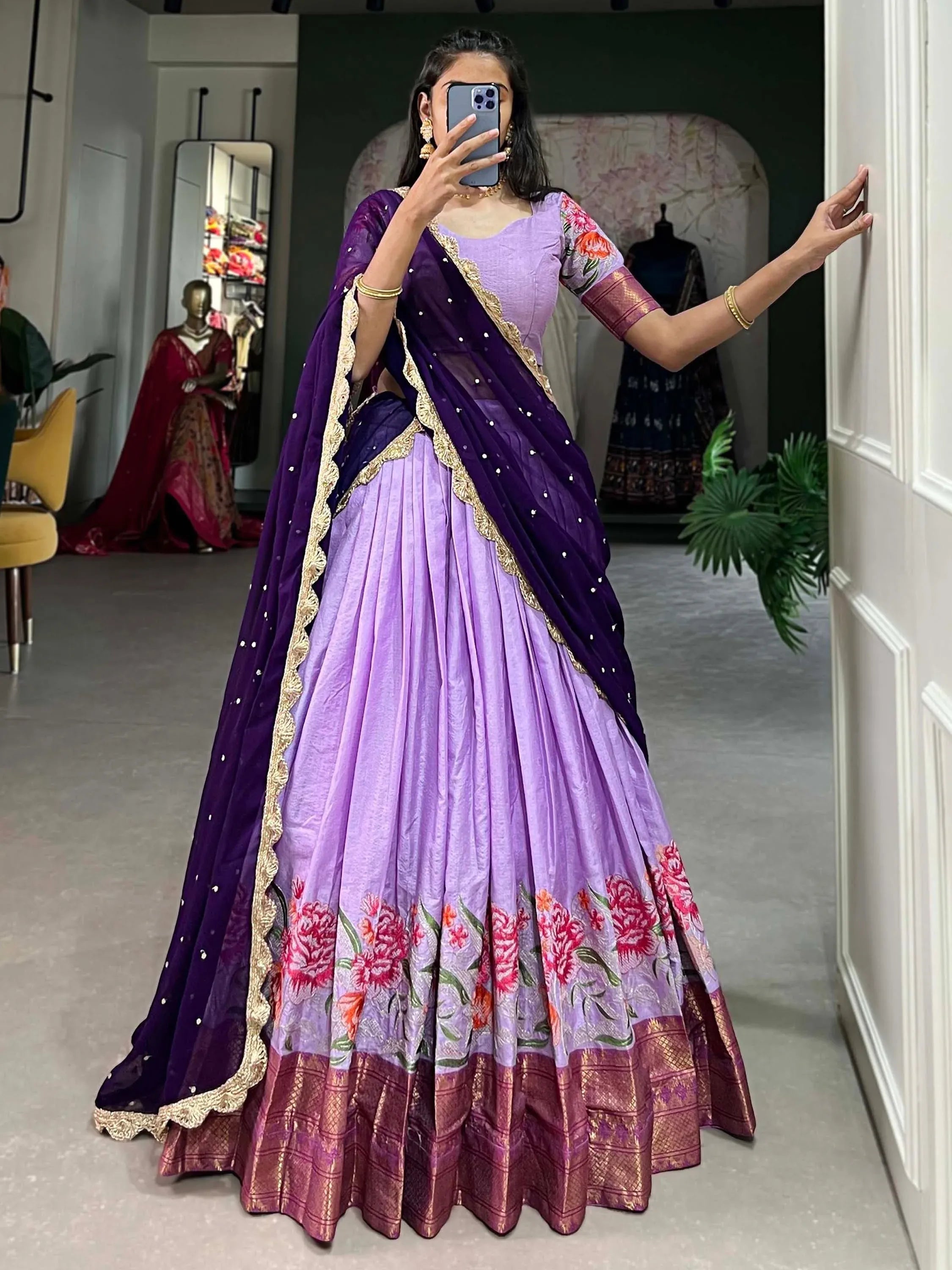 Purple and lavender lehenga choli with floral embroidery and gold trim, perfect for Indian ethnic wear occasions