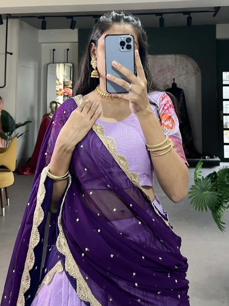Stunning Lavender Thread Embroidered Cotton Half Saree Lehenga - Ethnic Plus In