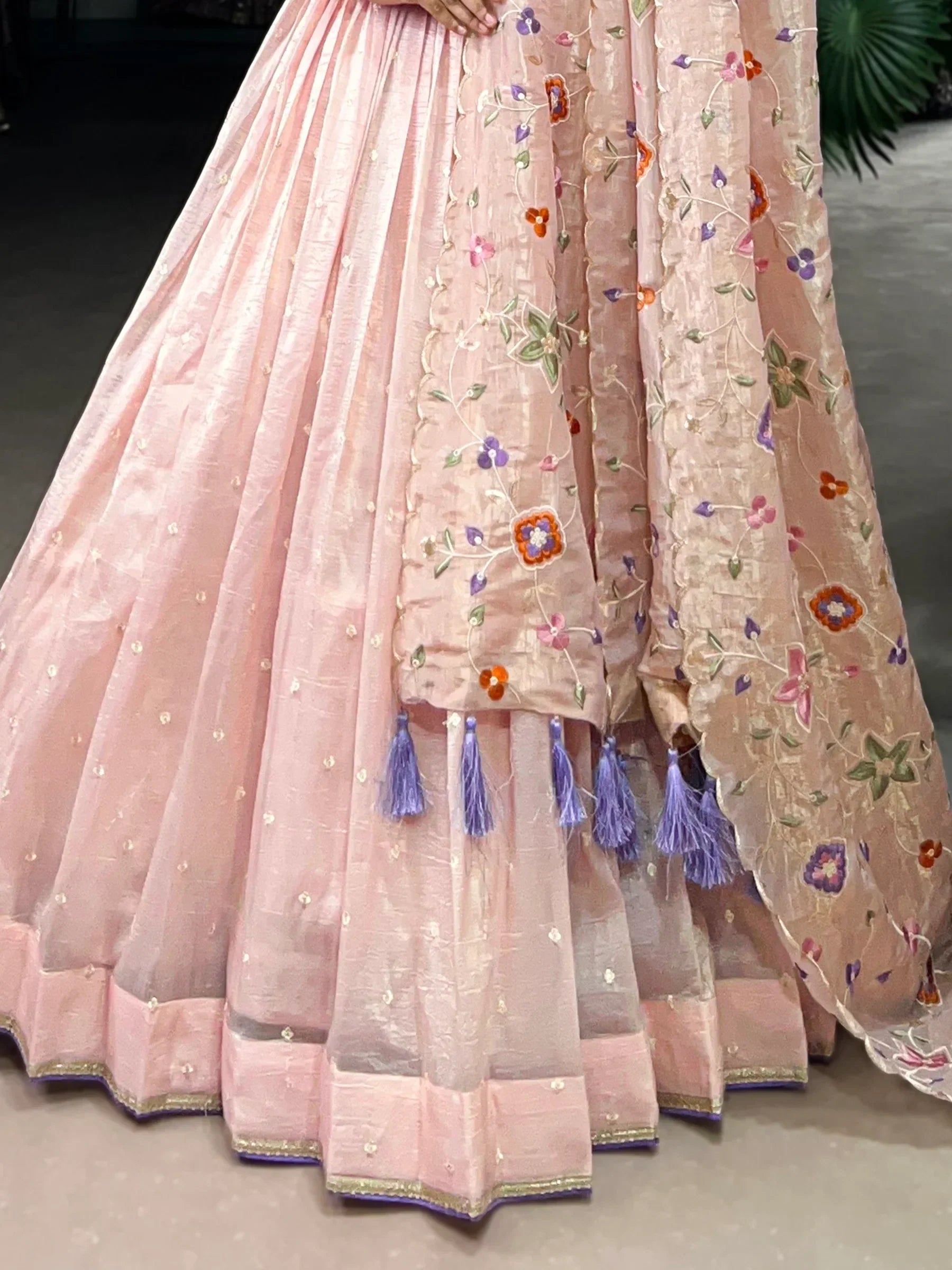 Pink floral embroidered lehenga choli with tassels, Indian ethnic wear