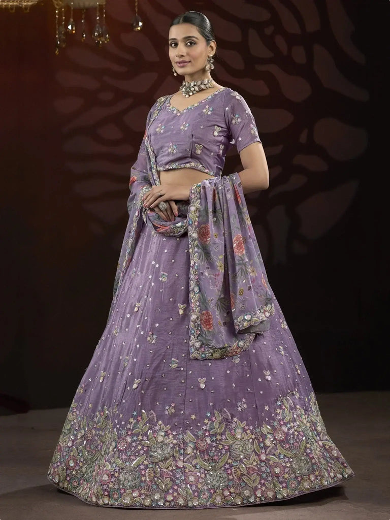 Stunning Lilac Embroidered Net Designer Lehenga Choli With Dupatta - Ethnic Plus In