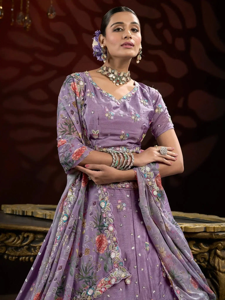 Stunning Lilac Embroidered Net Designer Lehenga Choli With Dupatta - Ethnic Plus In