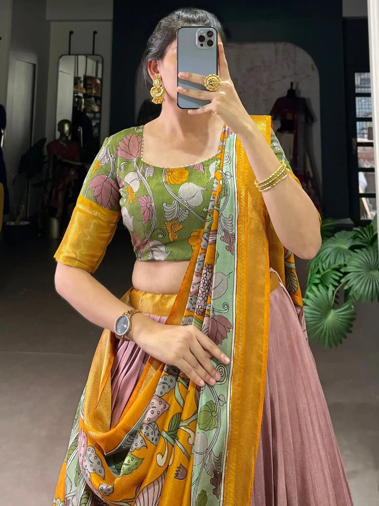 Stunning Lilac Printed Silk Onam Special Lehenga Choli With Dupatta - Ethnic Plus In