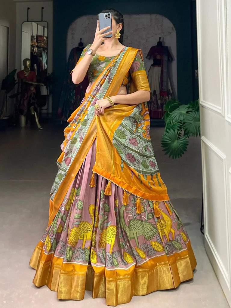 Stunning Lilac Printed Silk Onam Special Lehenga Choli With Dupatta - Ethnic Plus In