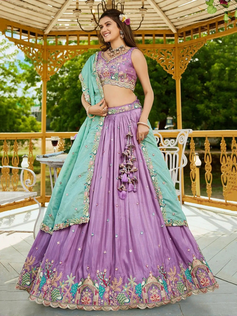 Stunning Lilac Satin Sequins Embroidery Lehenga Choli With Dupatta - Ethnic Plus In