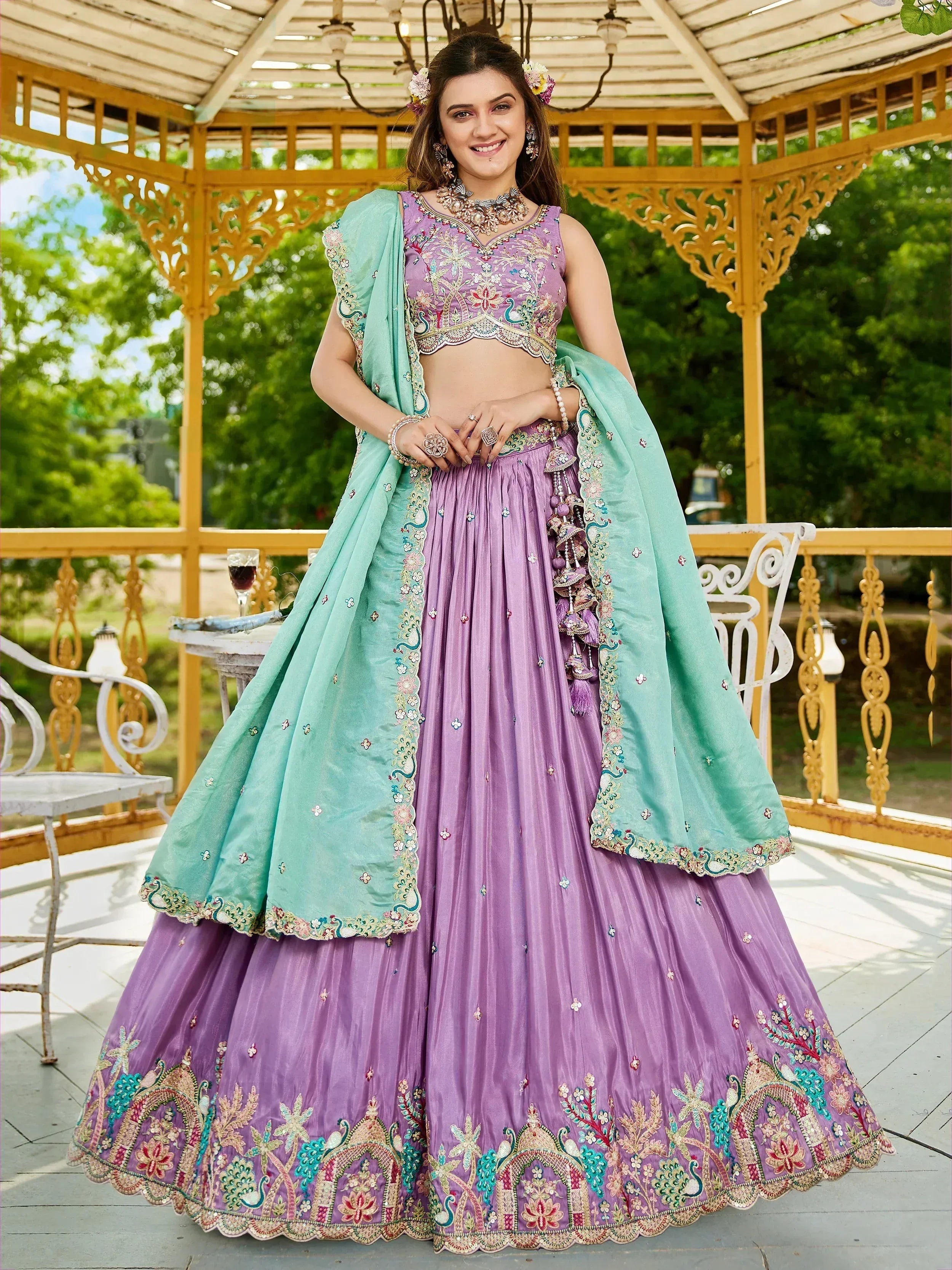 Lavender embroidered lehenga choli with mint dupatta, perfect for Indian ethnic wear occasions