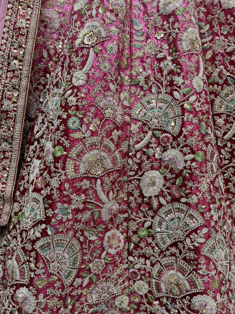 Stunning Magenta Embroidered Velvet Bridal Lehenga Choli With Dupatta - Ethnic Plus In