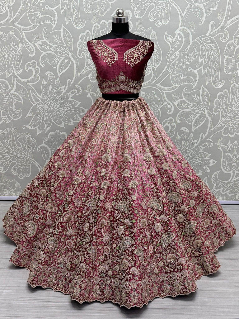 Stunning Magenta Embroidered Velvet Bridal Lehenga Choli With Dupatta - Ethnic Plus In