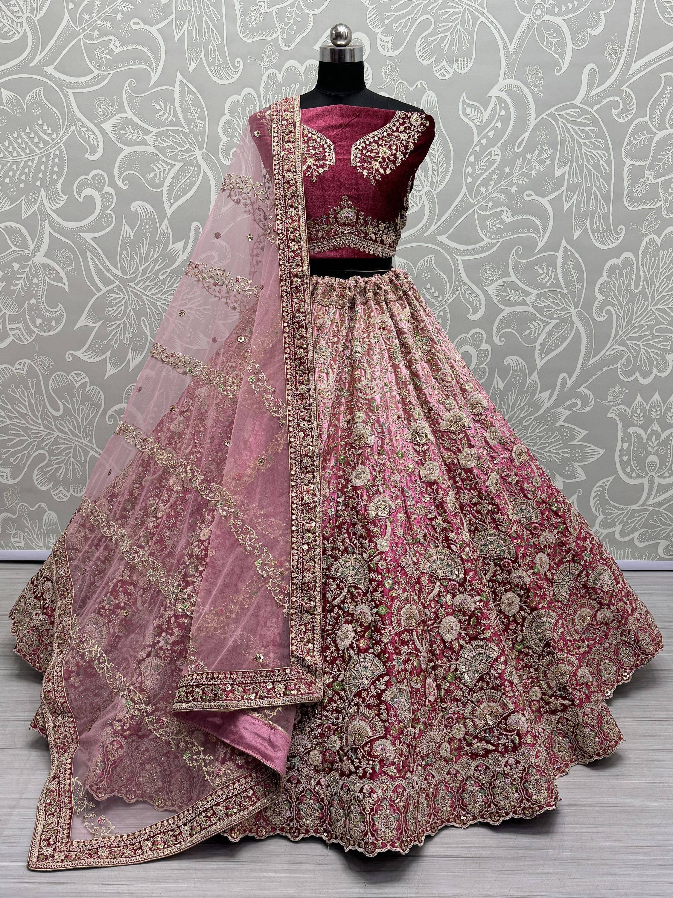 Pink and maroon embroidered lehenga choli with net dupatta, Indian ethnic wear for weddings
