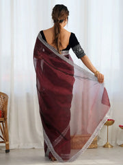 Stunning Maroon Net Golden Zari Traditional Saree With Blouse - Ethnic Plus In
