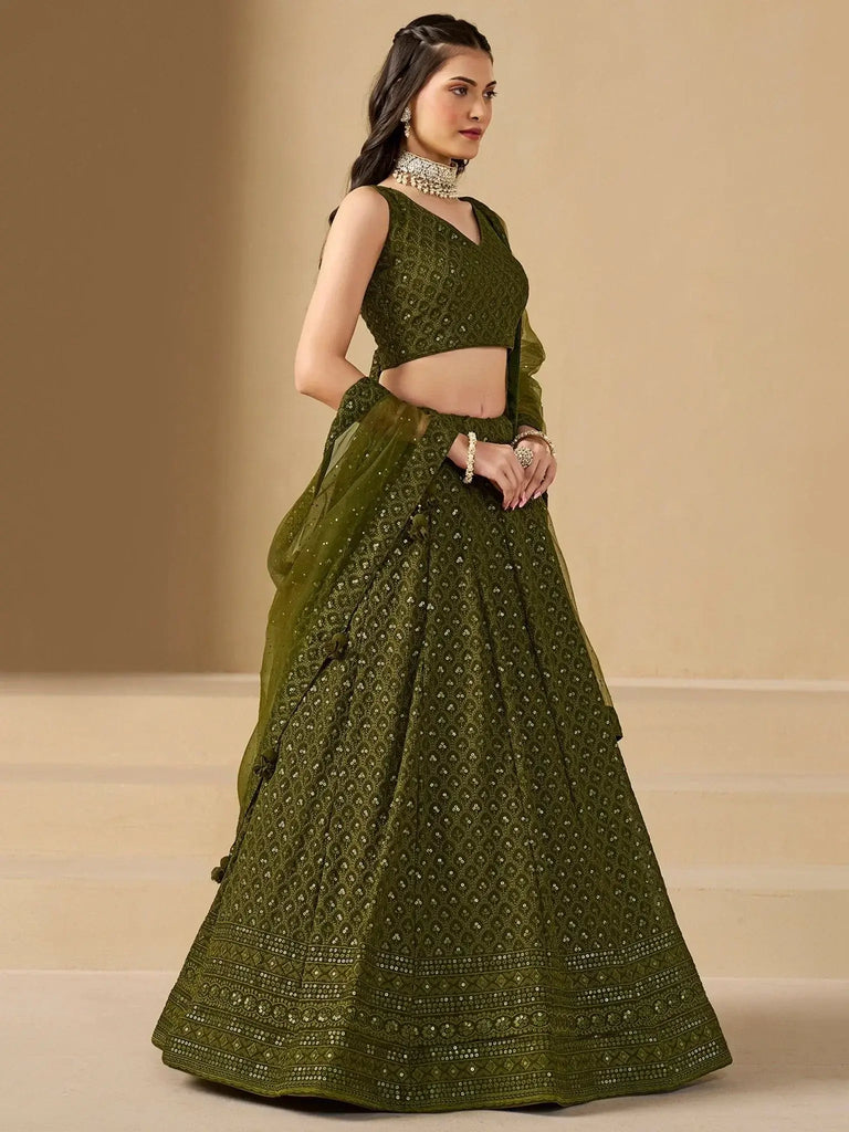 Stunning Mehendi Green Sequins Georgette Monochrome Lehenga Choli - Ethnic Plus In