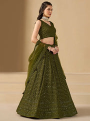 Stunning Mehendi Green Sequins Georgette Monochrome Lehenga Choli - Ethnic Plus In