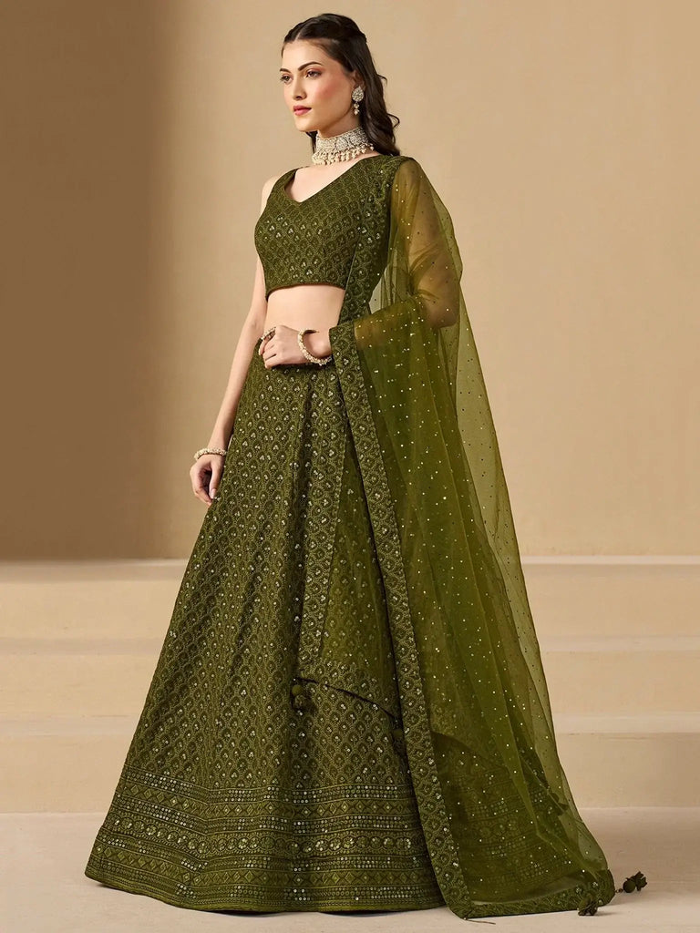 Stunning Mehendi Green Sequins Georgette Monochrome Lehenga Choli - Ethnic Plus In