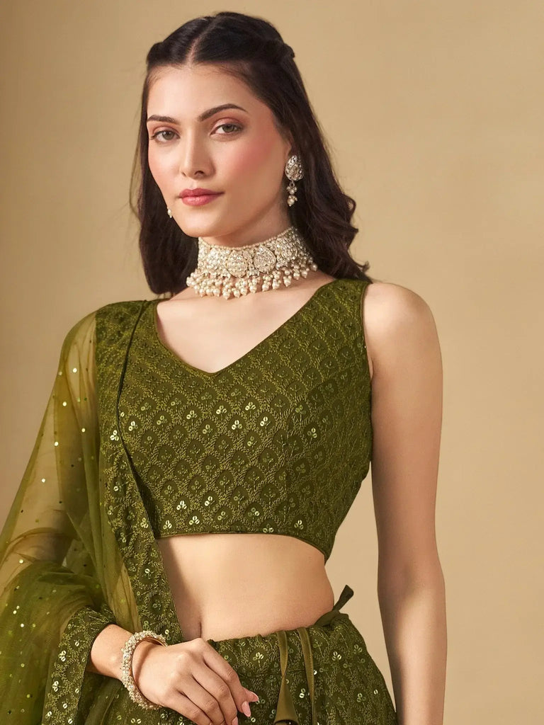 Stunning Mehendi Green Sequins Georgette Monochrome Lehenga Choli - Ethnic Plus In
