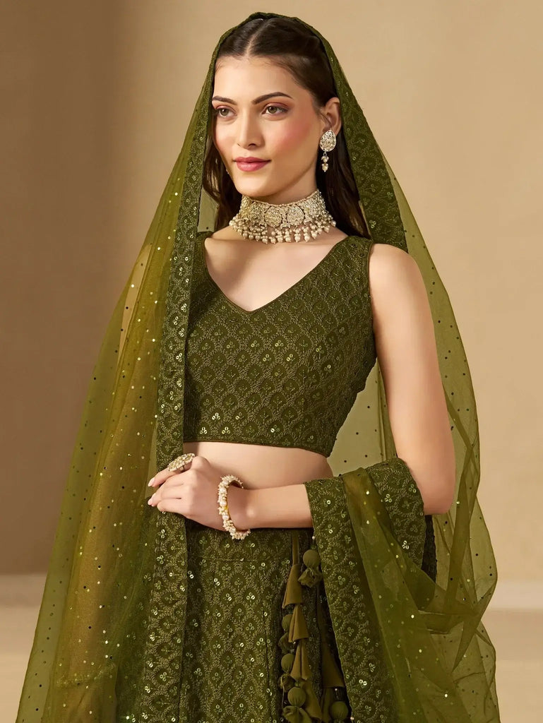 Stunning Mehendi Green Sequins Georgette Monochrome Lehenga Choli - Ethnic Plus In