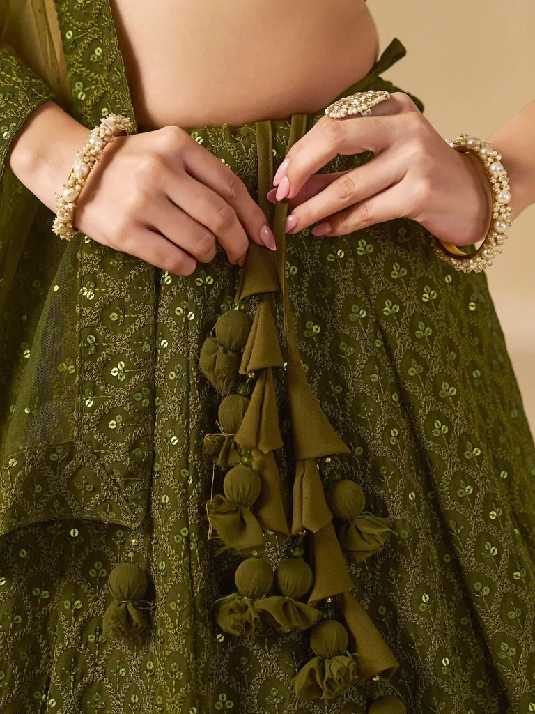 Stunning Mehendi Green Sequins Georgette Monochrome Lehenga Choli - Ethnic Plus In