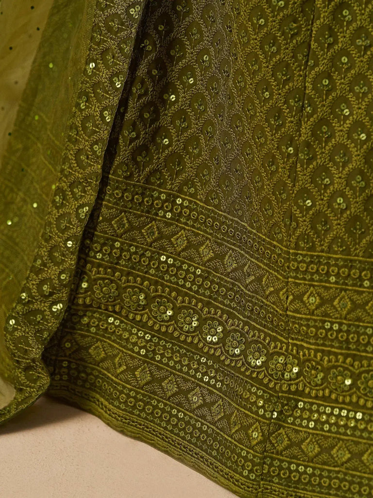 Stunning Mehendi Green Sequins Georgette Monochrome Lehenga Choli - Ethnic Plus In