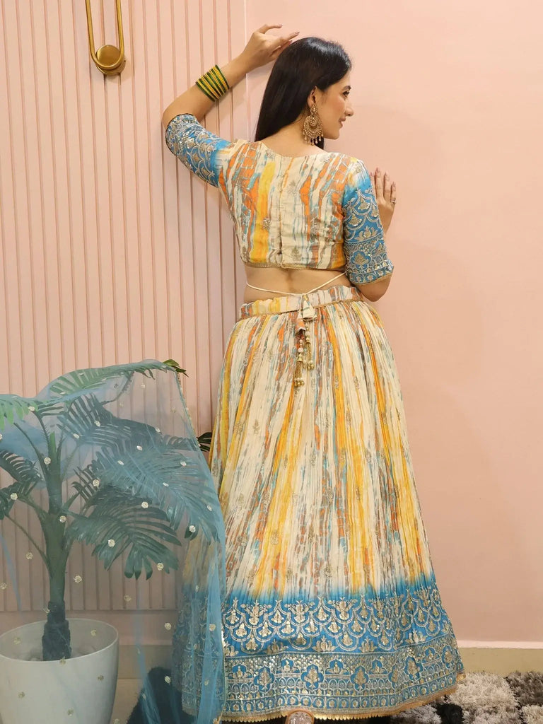 Stunning Multi Color Chinon Thread Embroidered Lehenga Choli - Ethnic Plus In