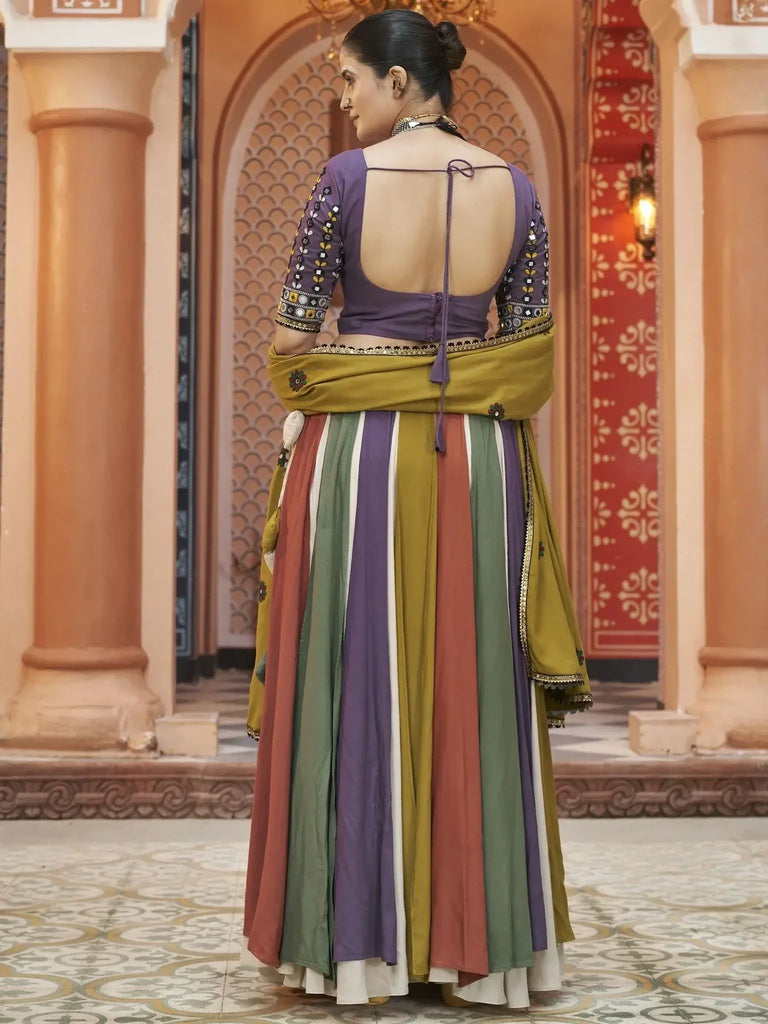 Stunning Multi Color Embroidered Rayon Navratri Lehenga Choli With Dupatta - Ethnic Plus In