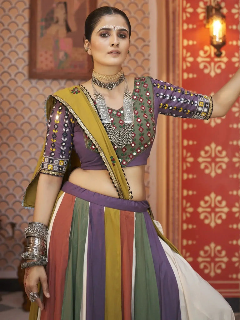 Stunning Multi Color Embroidered Rayon Navratri Lehenga Choli With Dupatta - Ethnic Plus In