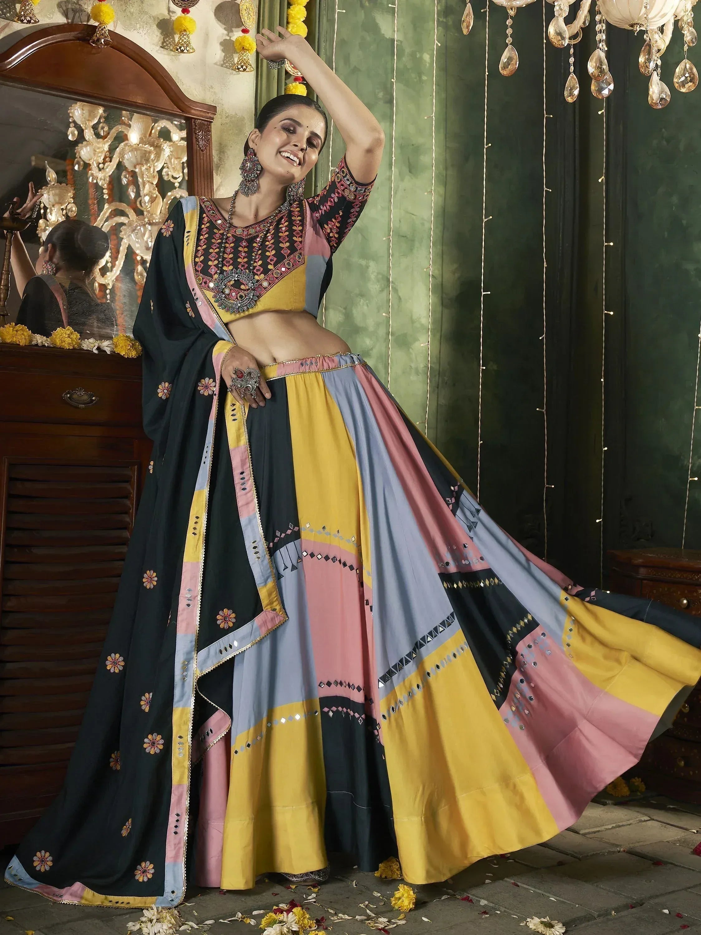 Colorful embroidered lehenga choli with mirror work, perfect for Indian ethnic wear and festive occasions.