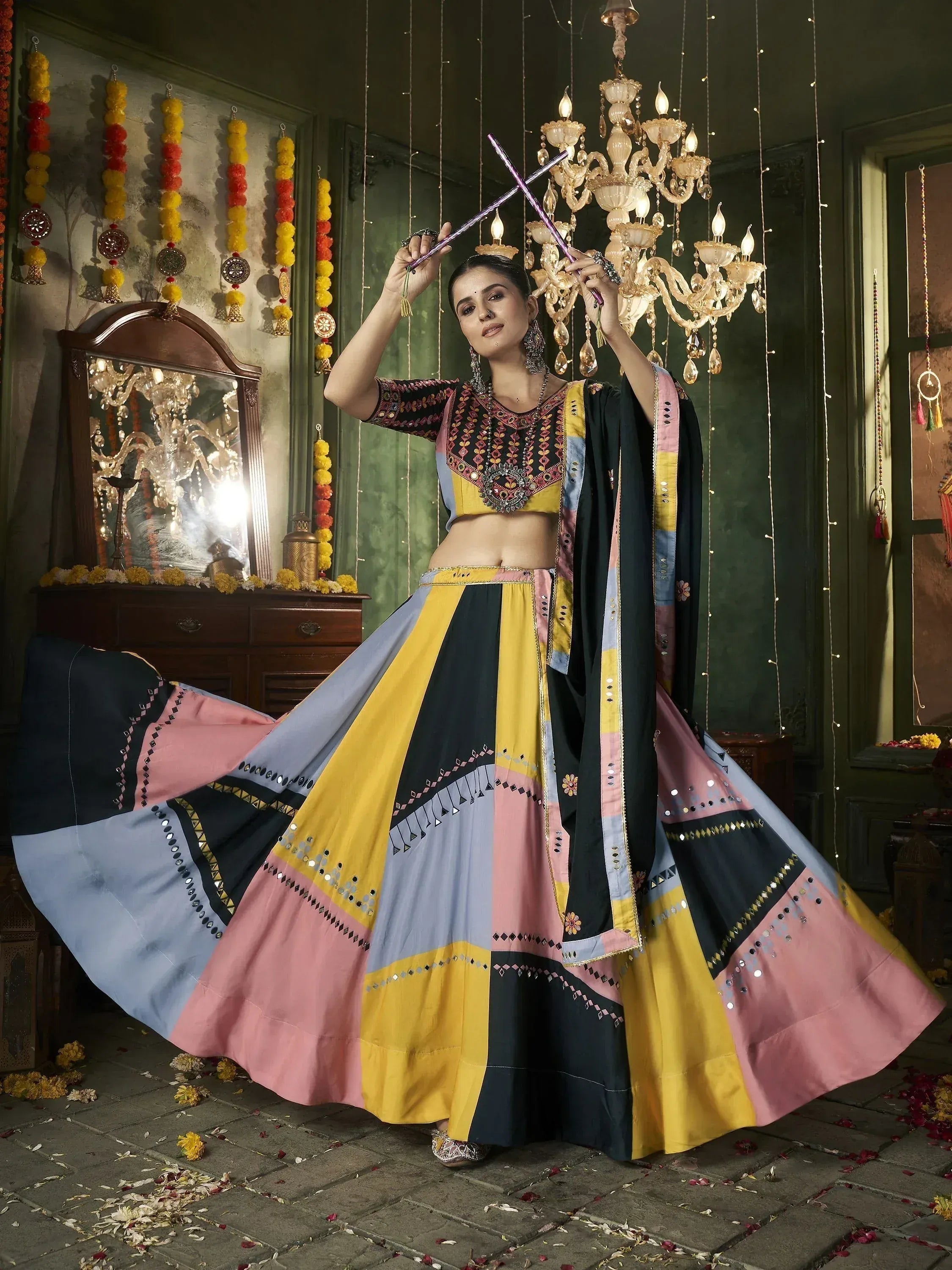 Colorful patchwork lehenga choli with mirror work, perfect for Indian ethnic wear and festive occasions
