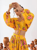 Stunning Mustard Floral Printed Chinon Haldi Wear Crop Top Lehenga - Ethnic Plus In