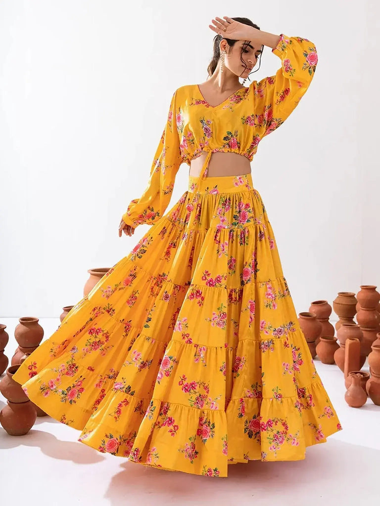 Stunning Mustard Floral Printed Chinon Haldi Wear Crop Top Lehenga - Ethnic Plus In