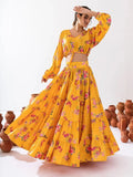 Stunning Mustard Floral Printed Chinon Haldi Wear Crop Top Lehenga - Ethnic Plus In