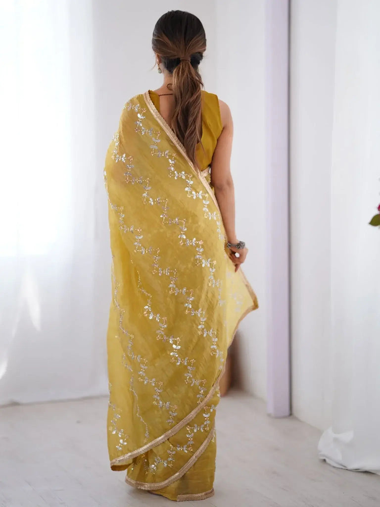Stunning Mustard Yellow Organza Haldi Wear Saree With Blouse - Ethnic Plus In