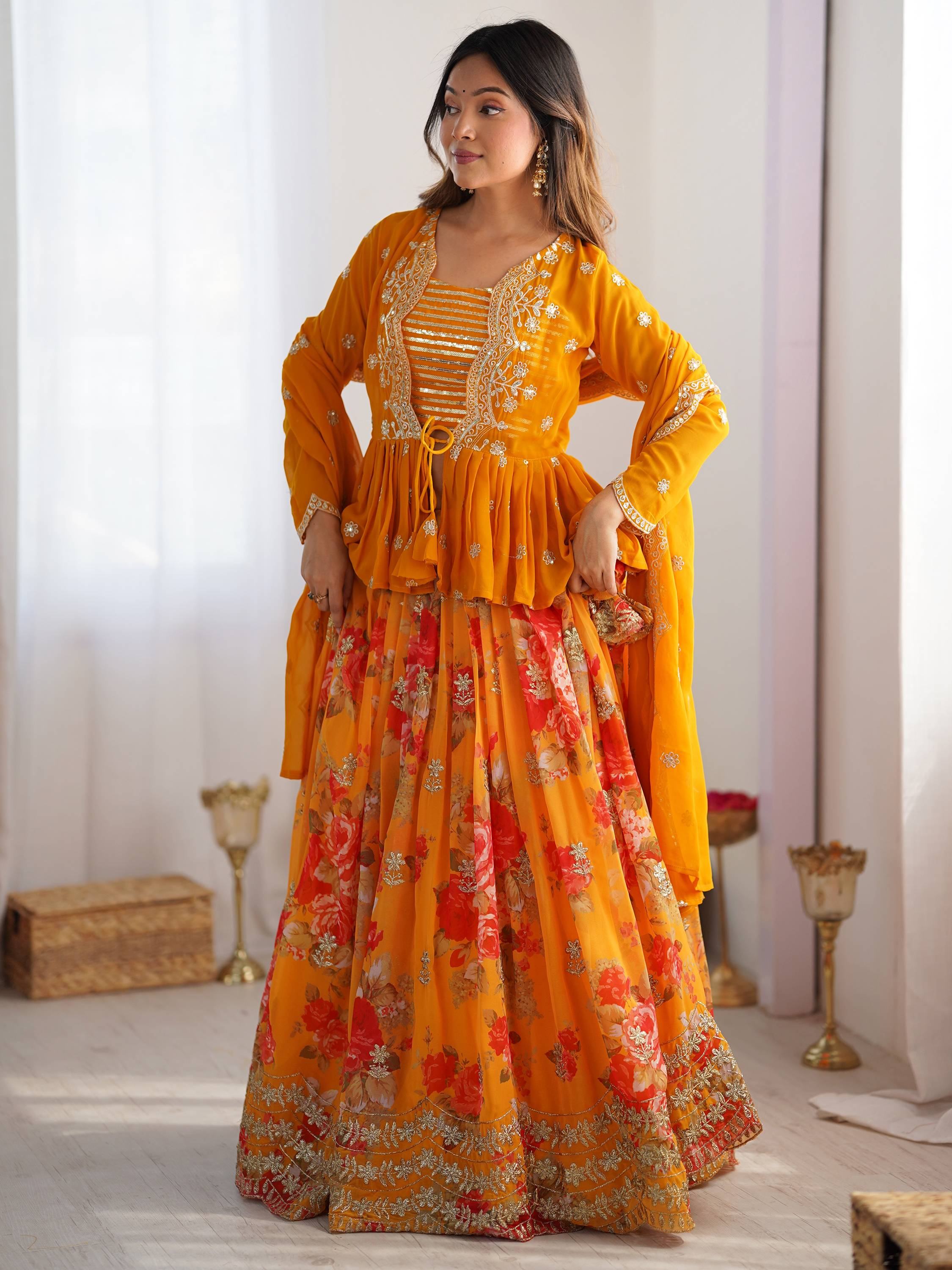 Stunning Mustard Yellow Printed Georgette Crop Top Lehenga With Jacket - Ethnic Plus In