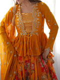 Stunning Mustard Yellow Printed Georgette Crop Top Lehenga With Jacket - Ethnic Plus In