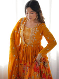 Stunning Mustard Yellow Printed Georgette Crop Top Lehenga With Jacket - Ethnic Plus In