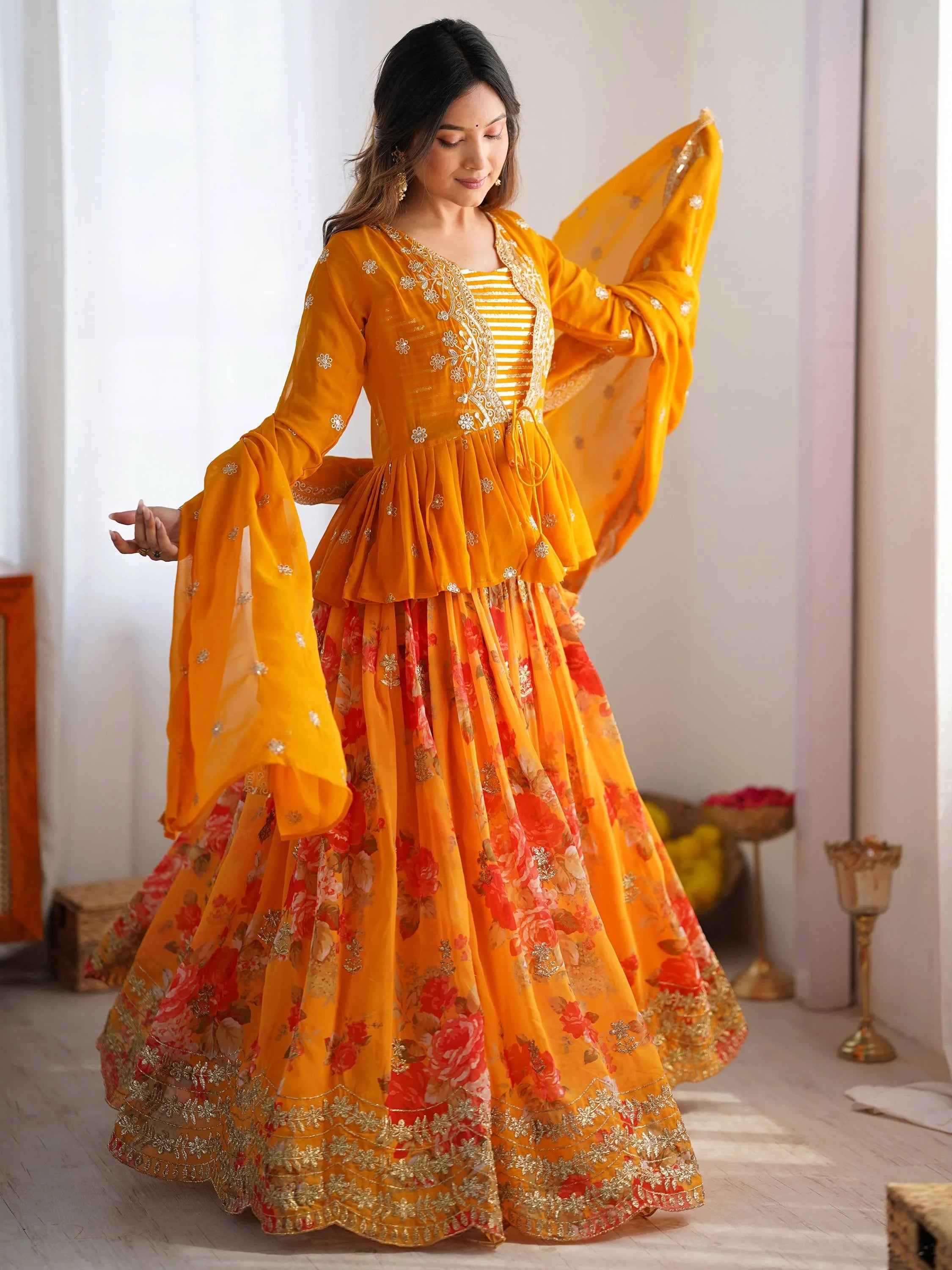 Stunning Mustard Yellow Printed Georgette Crop Top Lehenga With Jacket - Ethnic Plus In