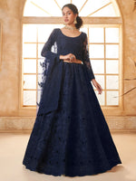 Stunning Navy Blue Embroidered Net Lehenga Choli With Dupatta