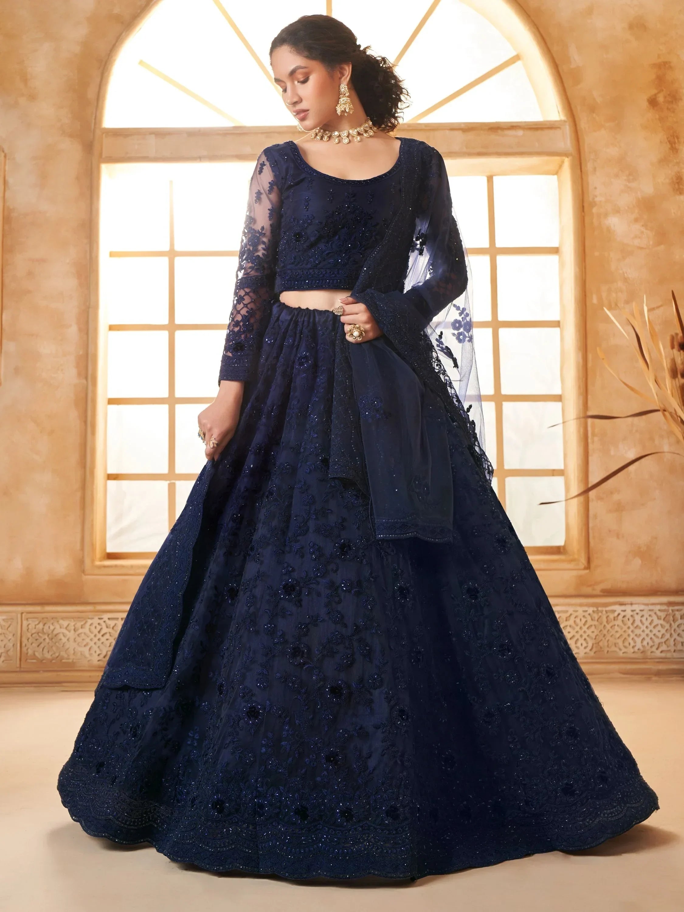 Stunning Navy Blue Embroidered Net Lehenga Choli With Dupatta - Ethnic Plus In