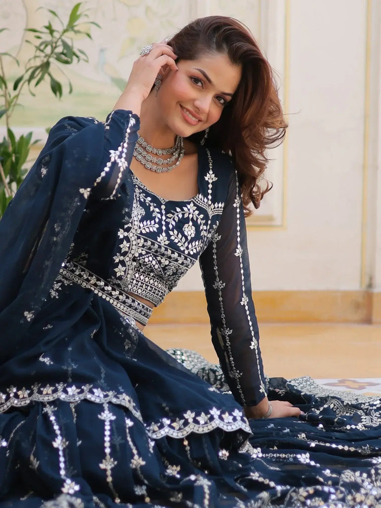 Stunning Navy Blue Sequins Georgette Lehenga Choli With Dupatta - Ethnic Plus In