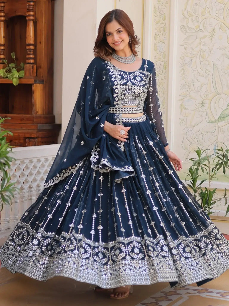 Stunning Navy Blue Sequins Georgette Lehenga Choli With Dupatta - Ethnic Plus In