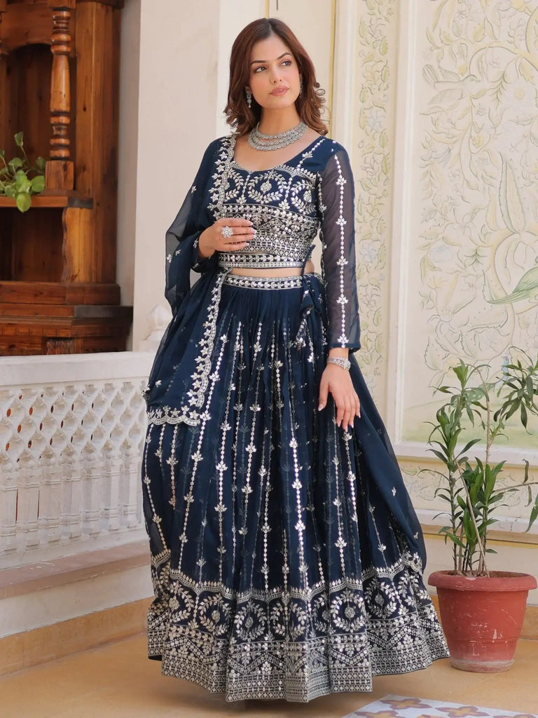 Stunning Navy Blue Sequins Georgette Lehenga Choli With Dupatta - Ethnic Plus In