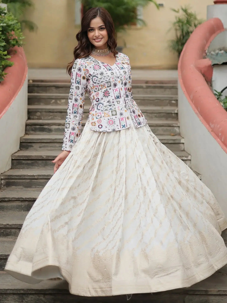 Stunning Off - White Sequins Jacquard Event Wear Lehenga With Long Top - Ethnic Plus In
