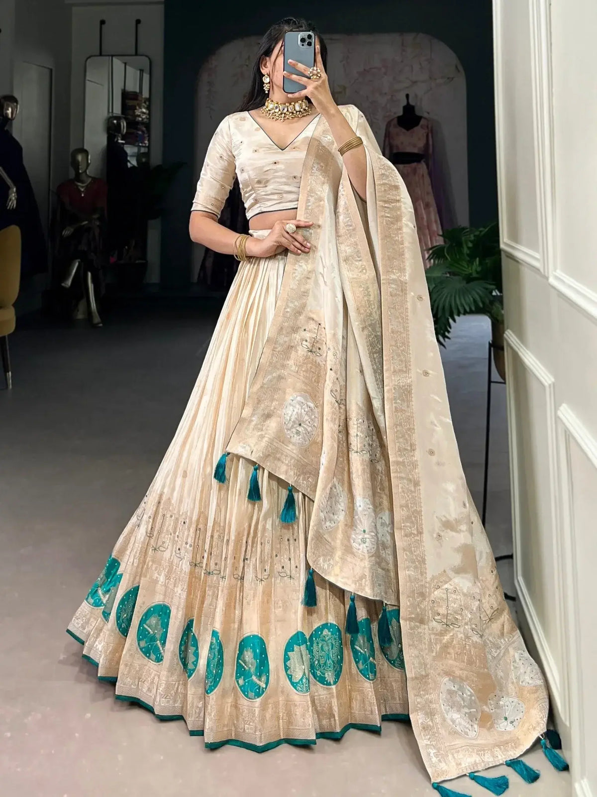Stunning Off - White Weaving Silk Festival Wear Lehenga Choli - Ethnic Plus In