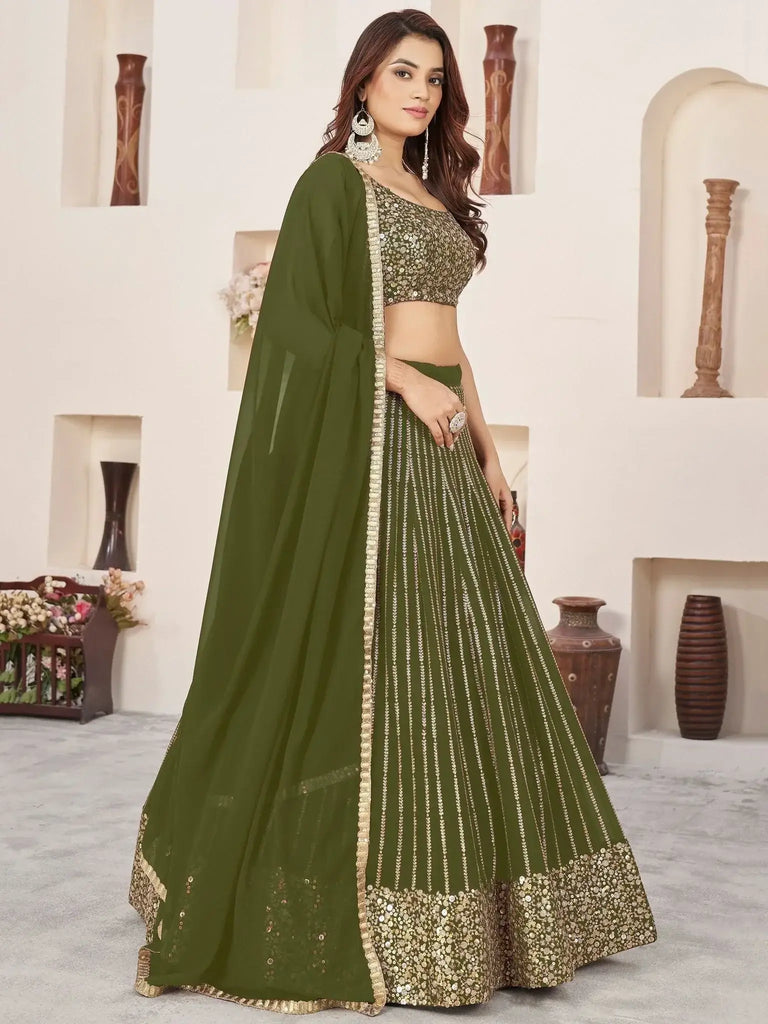Stunning Olive Color Sequins Georgette Function Wear Lehenga Choli - Ethnic Plus In