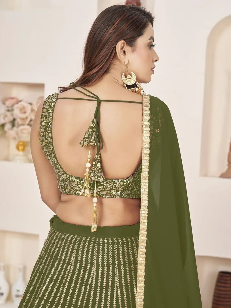 Stunning Olive Color Sequins Georgette Function Wear Lehenga Choli - Ethnic Plus In