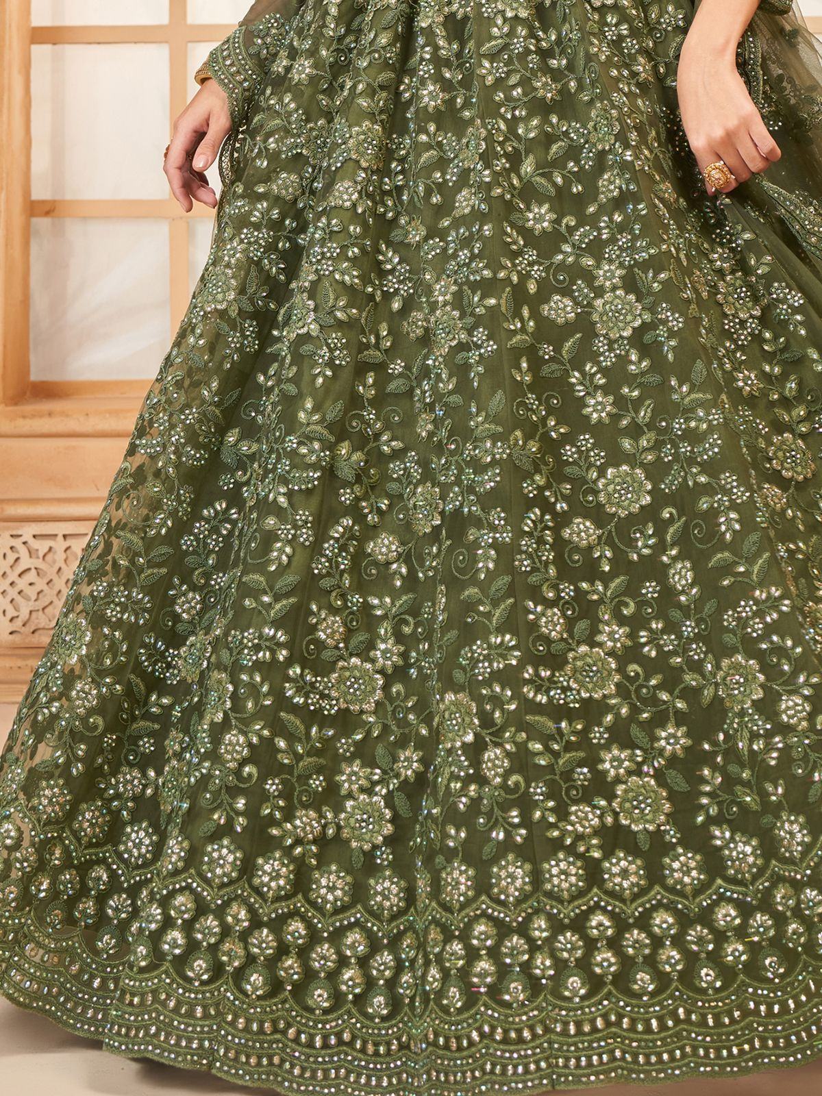 Olive green designer lehenga with intricate floral embroidery and beadwork for Indian ethnic wear