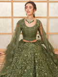 Stunning Olive Green Embroidered Net Mehendi Wear Lehenga Choli - Ethnic Plus In