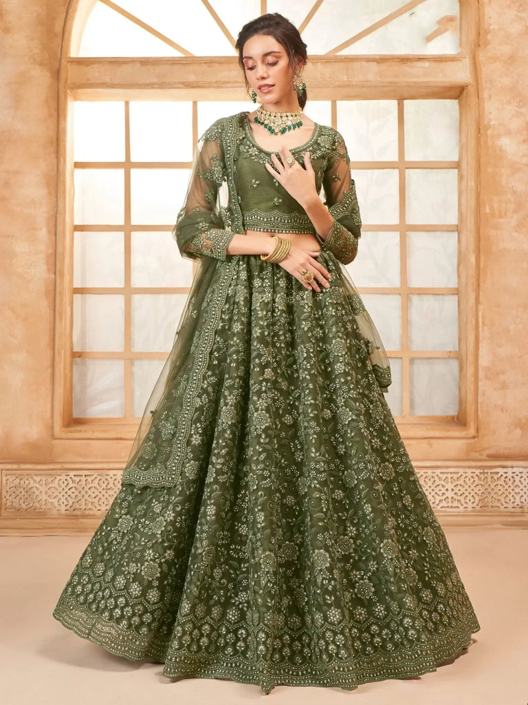 Stunning Olive Green Embroidered Net Mehendi Wear Lehenga Choli - Ethnic Plus In