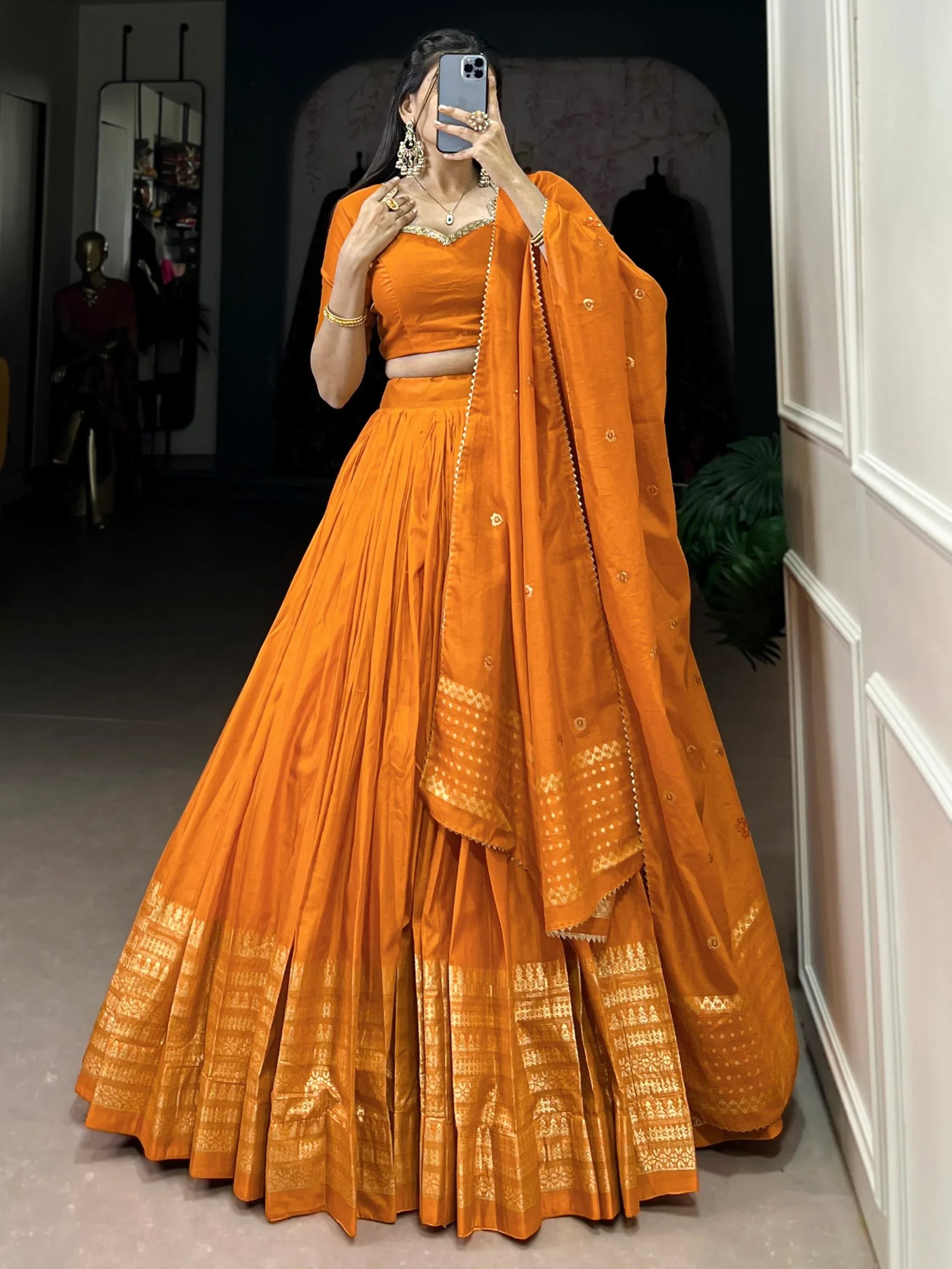 Stunning Orange Border Work Chanderi Silk Festive Wear Lehenga Choli - Ethnic Plus In