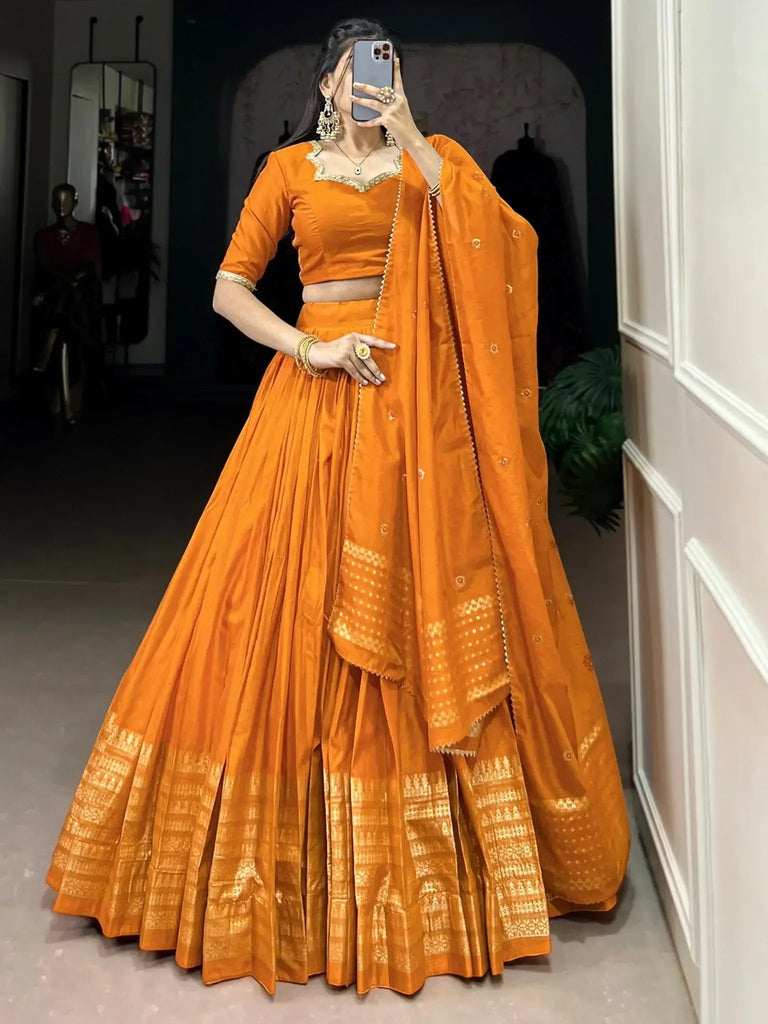 Stunning Orange Border Work Chanderi Silk Festive Wear Lehenga Choli - Ethnic Plus In