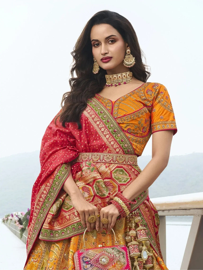 Stunning Orange Embroidered Silk Wedding Lehenga Choli With Dupatta - Ethnic Plus In